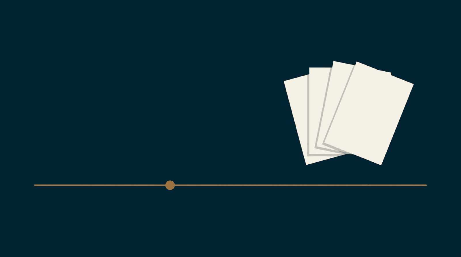 A calm left-to-right sequence: a paper folder, a single command mark, then a soft settle of paper cards, connected by one warm line. The interview and plan taking shape.