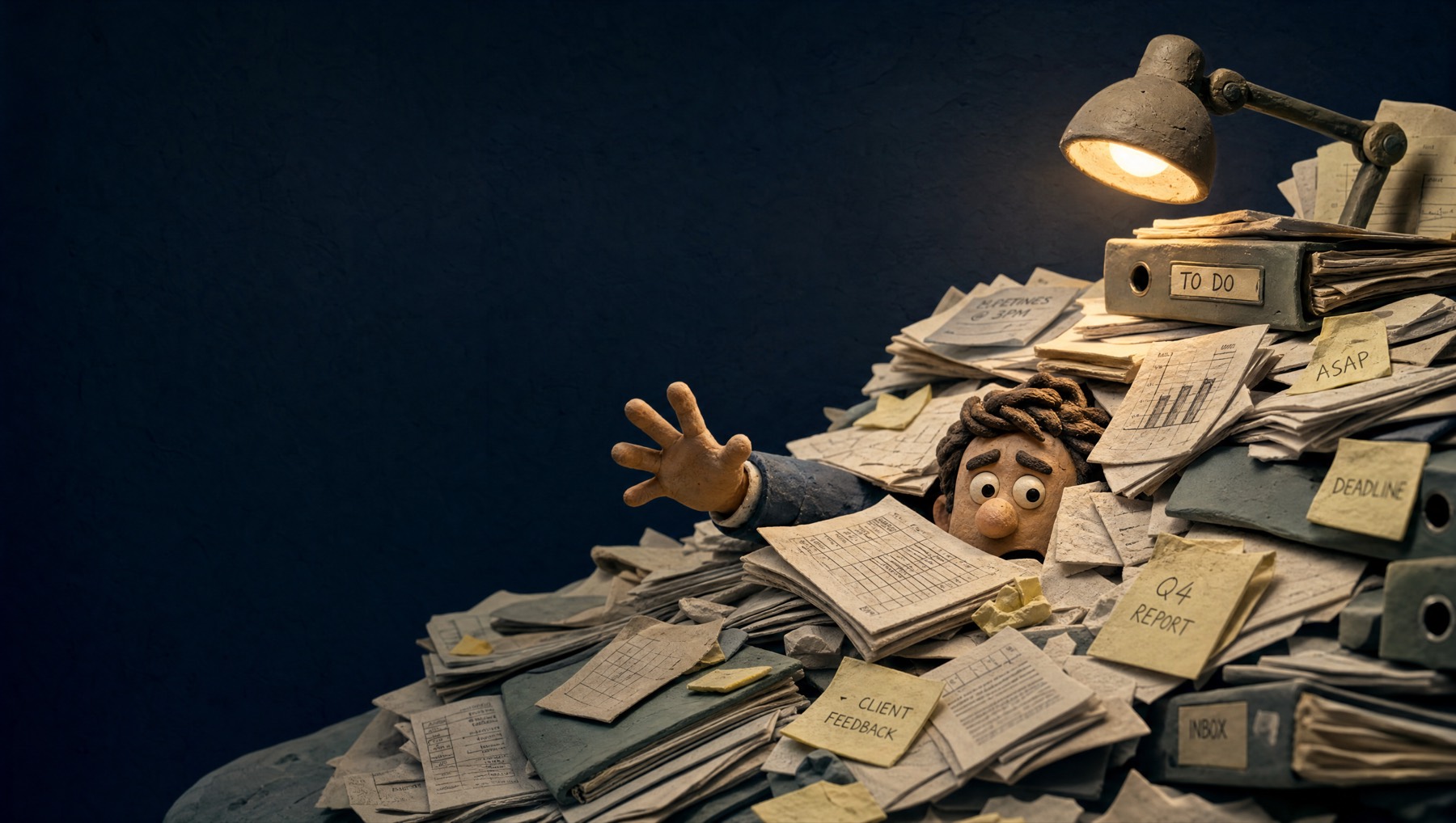 A clay figure buried under a mountain of paper, sticky notes and folders marked TO DO, ASAP and deadline - the admin that piles up when nothing remembers your work.