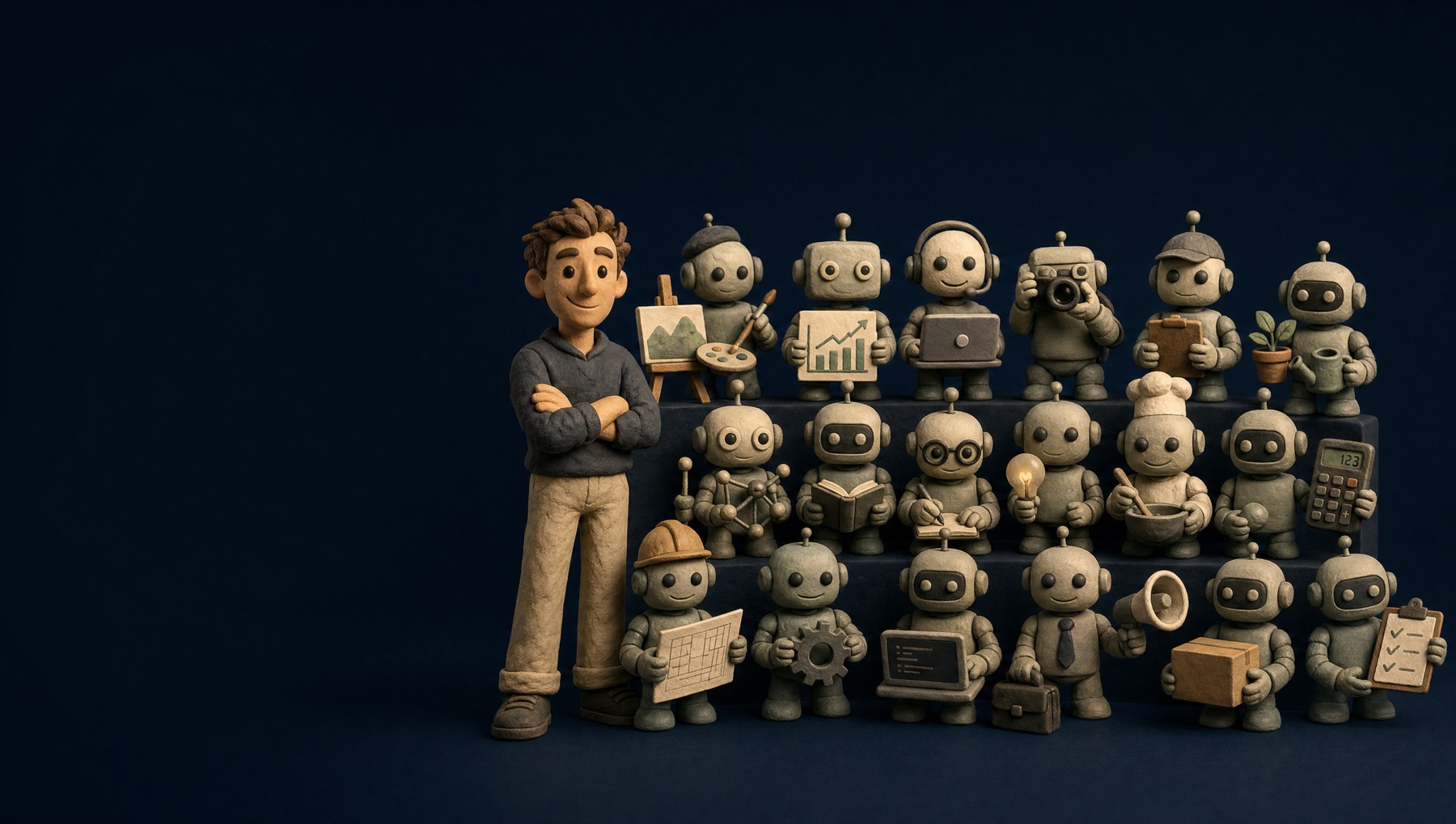 A founder standing arms-crossed beside a tiered crowd of small clay robots, each holding the tool of a different job - a paintbrush, a chart, a camera, a calculator, a hard hat.