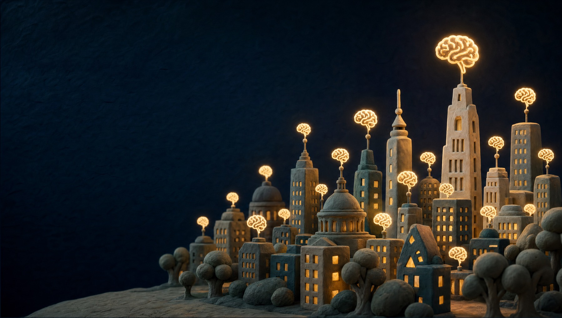 A clay city at night, its towers topped with glowing brains rising toward the tallest one - businesses running on their own Brain.